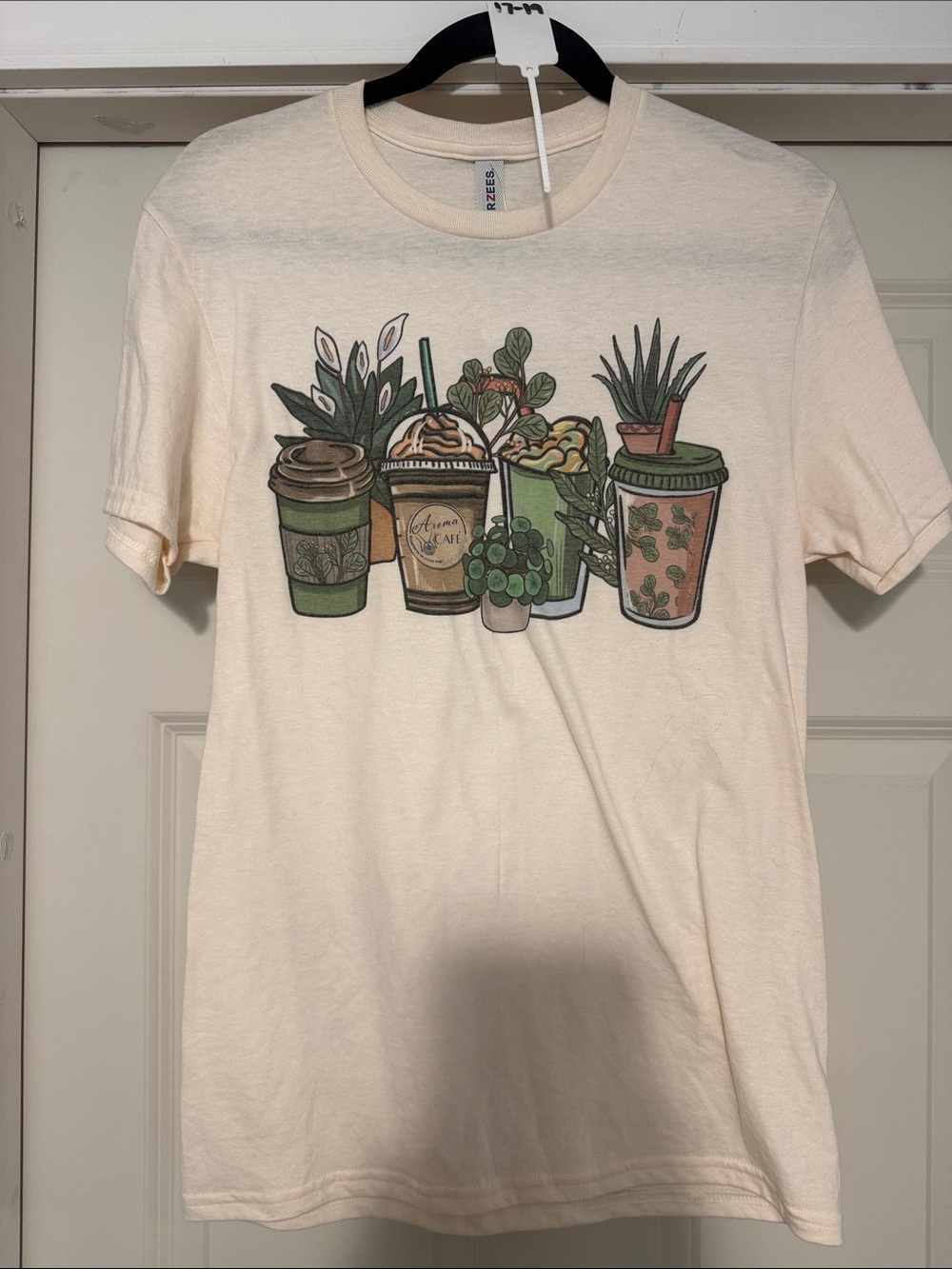 Jerzees Cream Graphic Tee with Green Plant & Coffee Cup Print